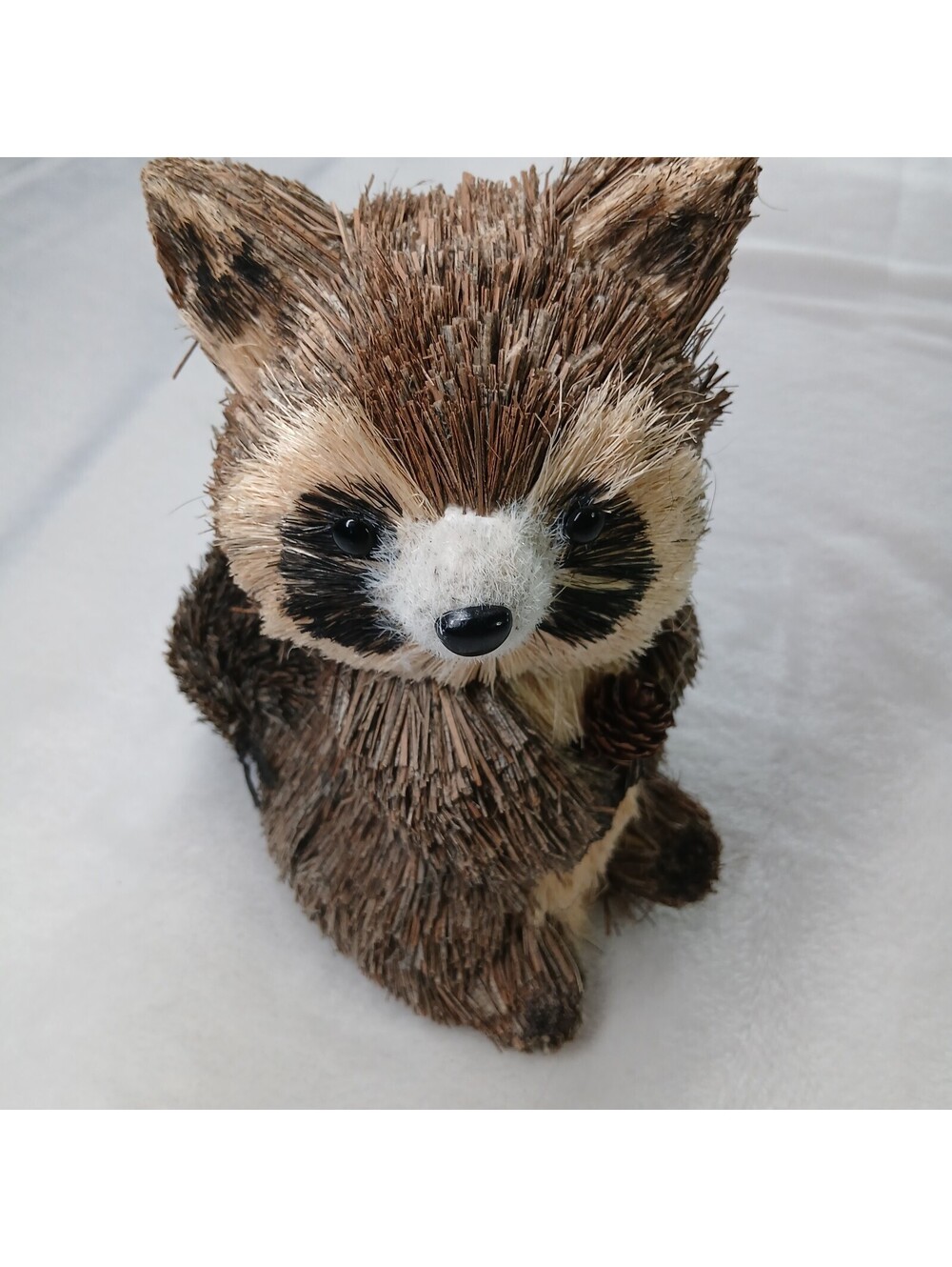 Whimsical Buri Fiber Straw Raccoon Statue Holding Pinecone Gorpcore Home